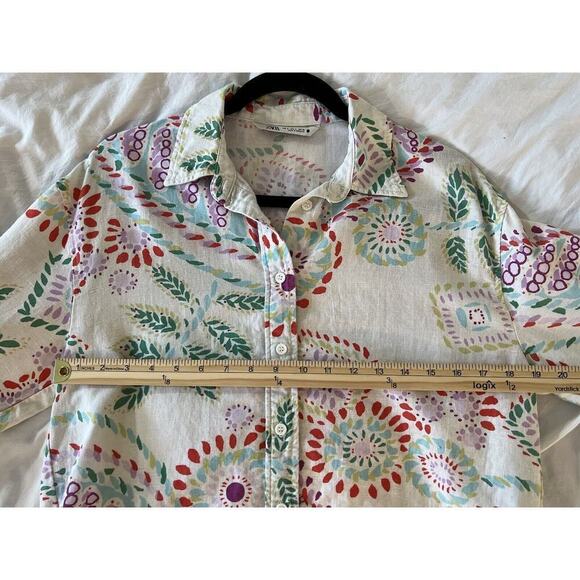 Zara Womens Linen Button Up Size S Rainbow Multicolor Floral Art to Wear Gypsy - Picture 4 of 8